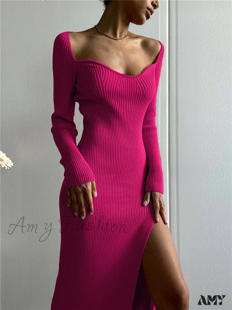 Amy Fashion - Elegant Solid Bodycon Long Sleeve Sweater Dress - Image 5