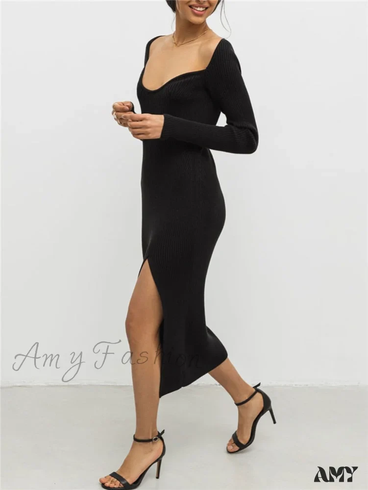 Amy Fashion - Elegant Solid Bodycon Long Sleeve Sweater Dress - Image 7