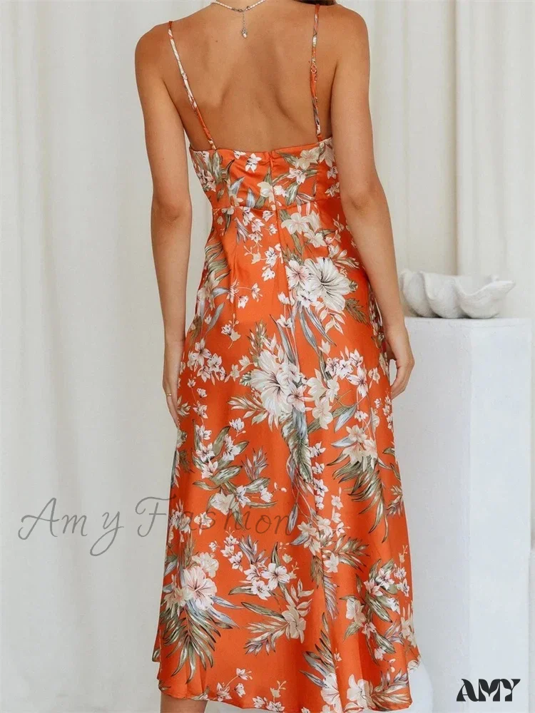 Amy Fashion - Women V-neck Floral Print Sleeveless Strap Side Split   for Party Club Wedding Night Female Vestidos - Image 2