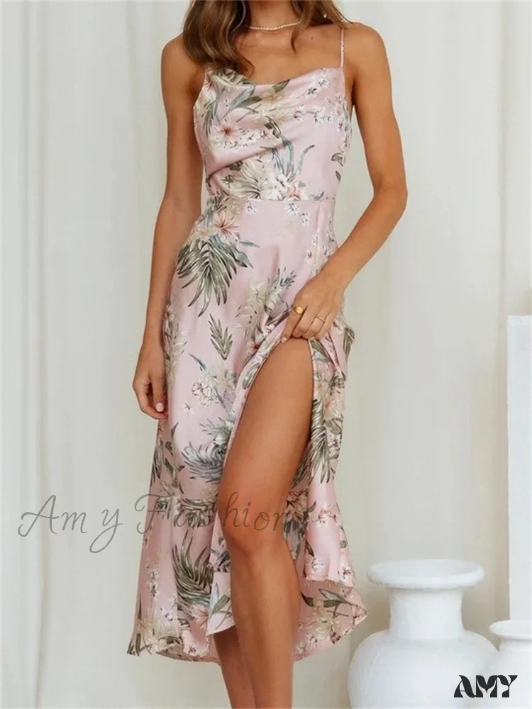 Amy Fashion - Women V-neck Floral Print Sleeveless Strap Side Split   for Party Club Wedding Night Female Vestidos - Image 3