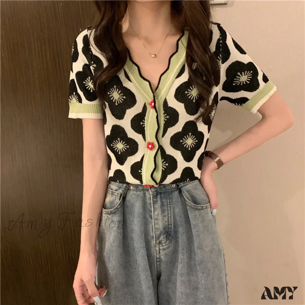 Amy Fashion - V-Neck Knitted Printed Flowers Sweaters Vintage Cardigan - Image 2