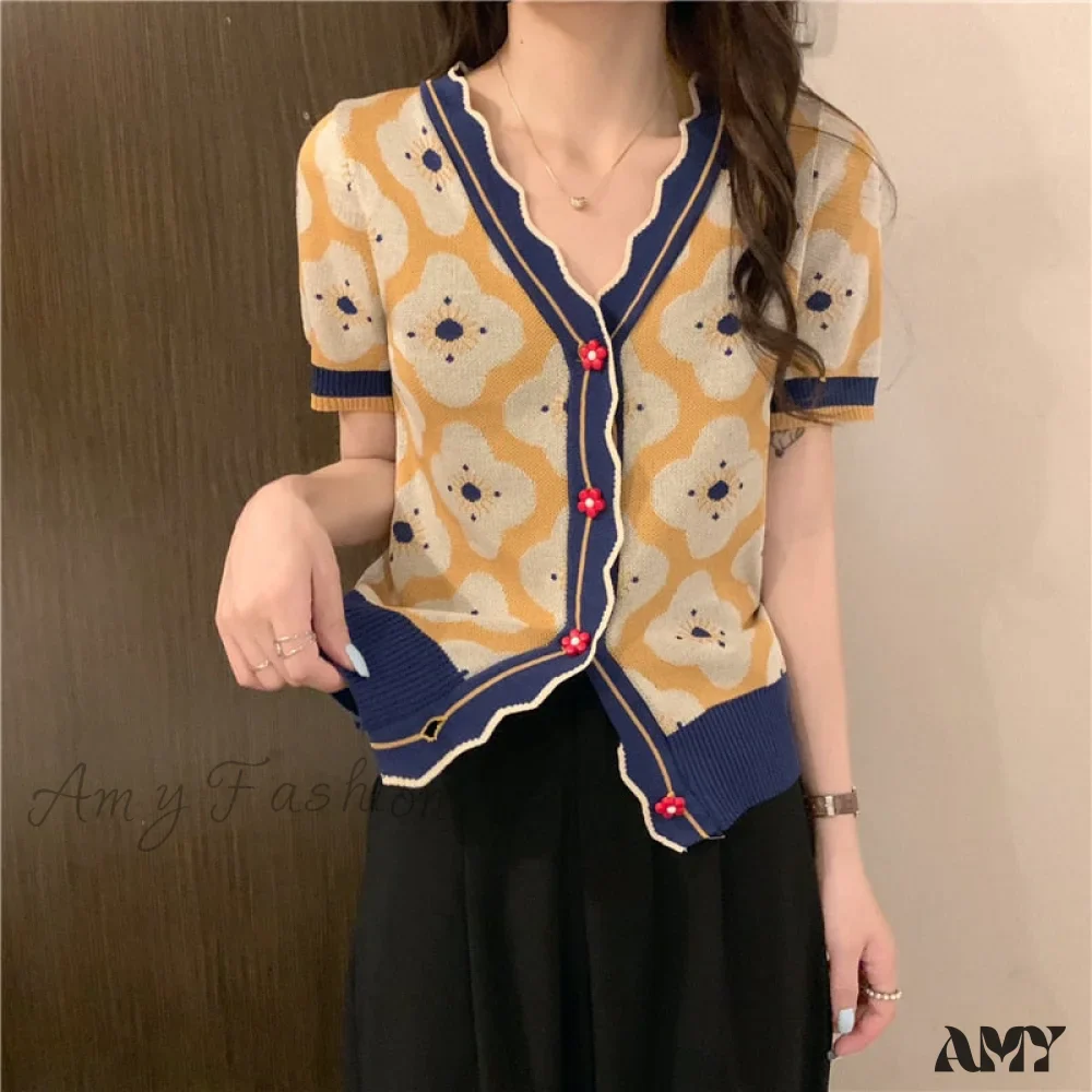 Amy Fashion - V-Neck Knitted Printed Flowers Sweaters Vintage Cardigan - Image 3