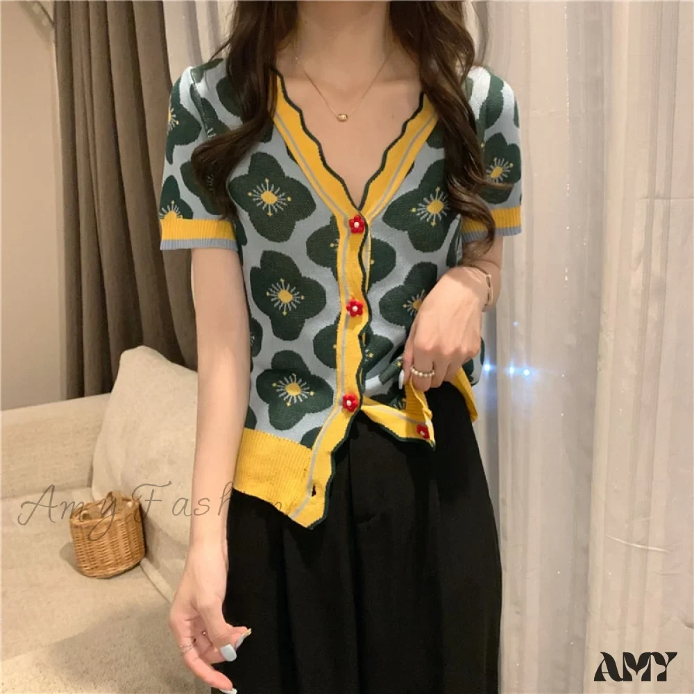 Amy Fashion - V-Neck Knitted Printed Flowers Sweaters Vintage Cardigan - Image 4