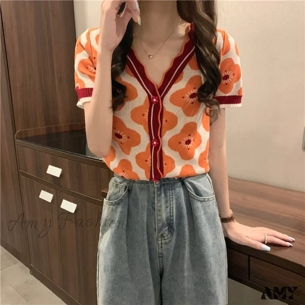 Amy Fashion - V-Neck Knitted Printed Flowers Sweaters Vintage Cardigan - Image 5