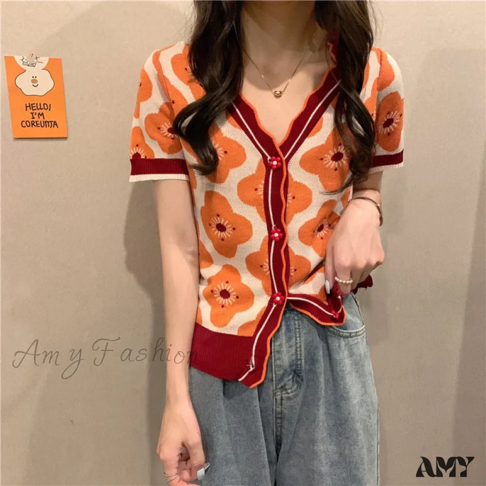 Amy Fashion - V-Neck Knitted Printed Flowers Sweaters Vintage Cardigan - Image 6