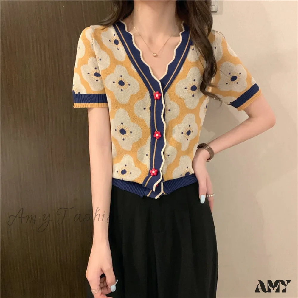 Amy Fashion - V-Neck Knitted Printed Flowers Sweaters Vintage Cardigan - Image 7