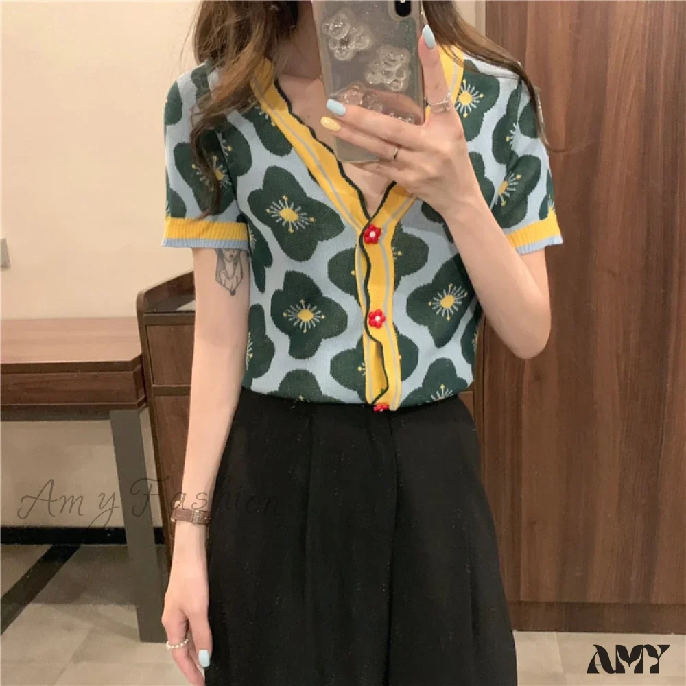 Amy Fashion - V-Neck Knitted Printed Flowers Sweaters Vintage Cardigan - Image 8
