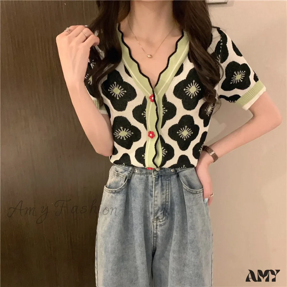 Amy Fashion - V-Neck Knitted Printed Flowers Sweaters Vintage Cardigan - Image 9