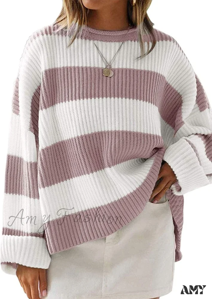 Amy Fashion - Women's Striped Color Comfy Knitted Sweater - Image 11