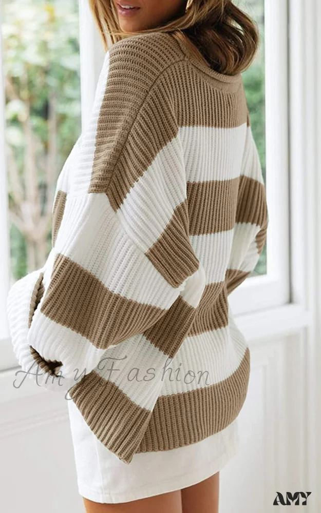 Amy Fashion - Women's Striped Color Comfy Knitted Sweater - Image 3