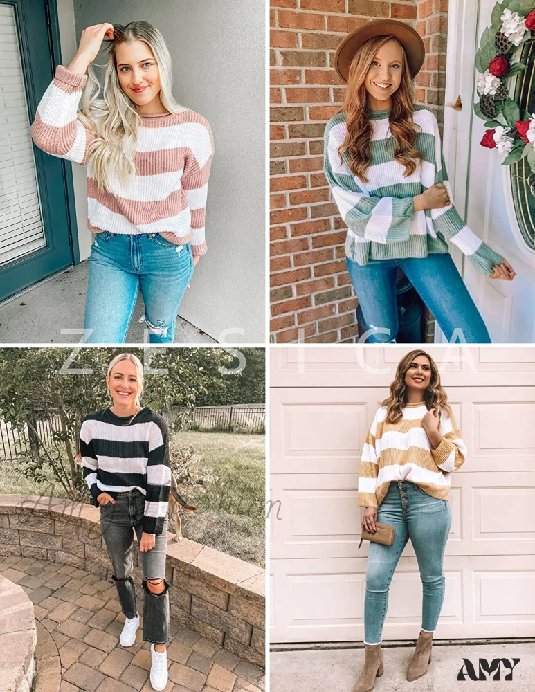 Amy Fashion - Women's Striped Color Comfy Knitted Sweater - Image 6