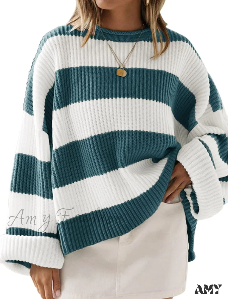 Amy Fashion - Women's Striped Color Comfy Knitted Sweater - Image 8