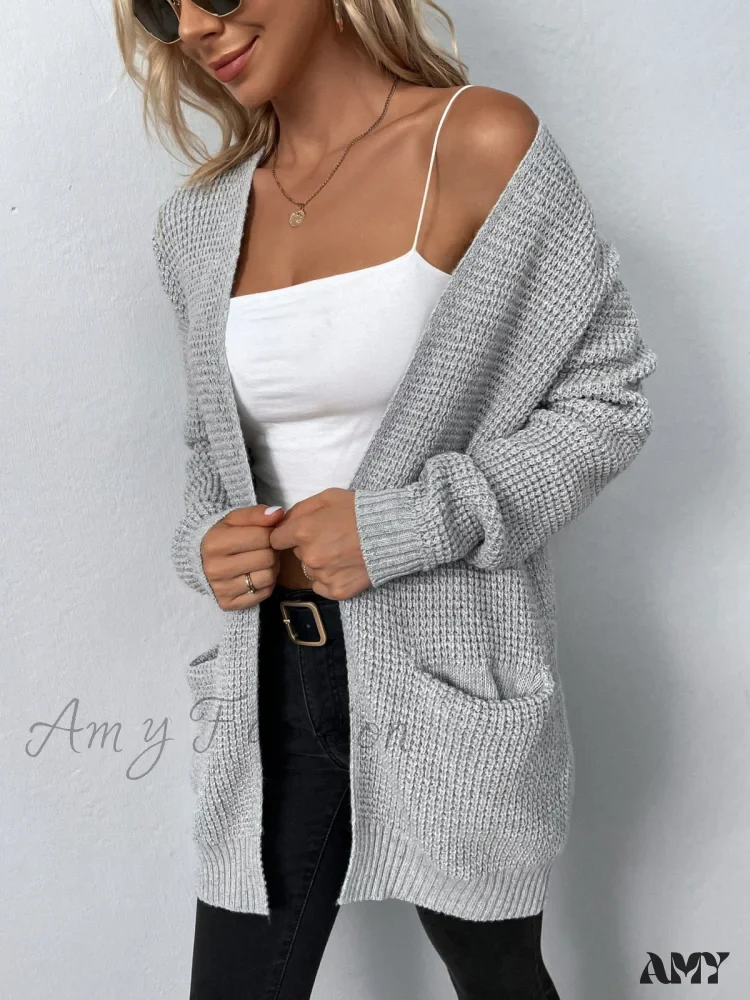 Amy Fashion - Women's Sweater New V-Neck Solid Color Loose Fit Pockets Long Cardigan - Image 4
