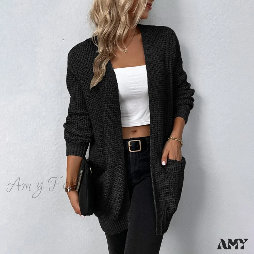 Amy Fashion - Women's Sweater New V-Neck Solid Color Loose Fit Pockets Long Cardigan - Image 5