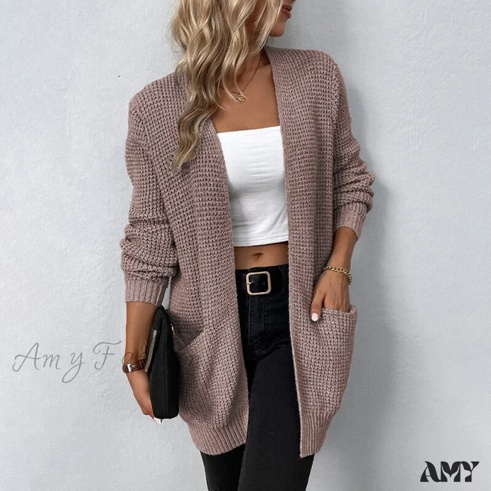 Amy Fashion - Women's Sweater New V-Neck Solid Color Loose Fit Pockets Long Cardigan - Image 7
