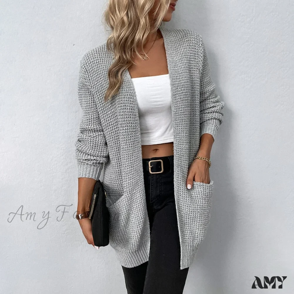 Amy Fashion - Women's Sweater New V-Neck Solid Color Loose Fit Pockets Long Cardigan - Image 8