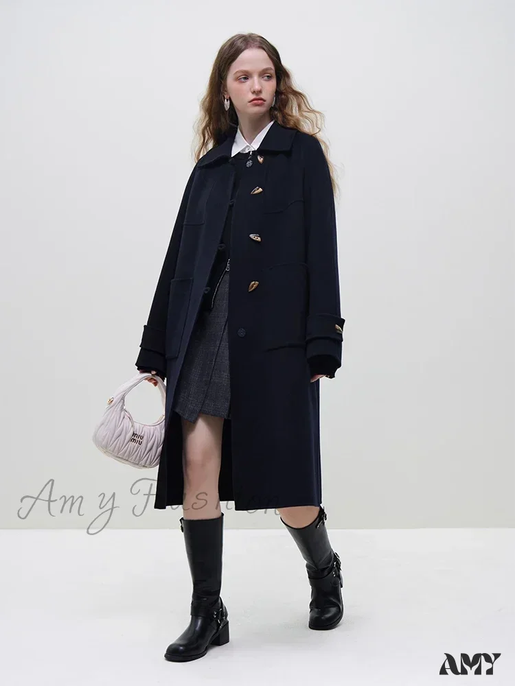 Wool Polo Neck Horn Button Raglan Sleeve Brown Long Office Lady Navy Blue Winter Coat - Image 2