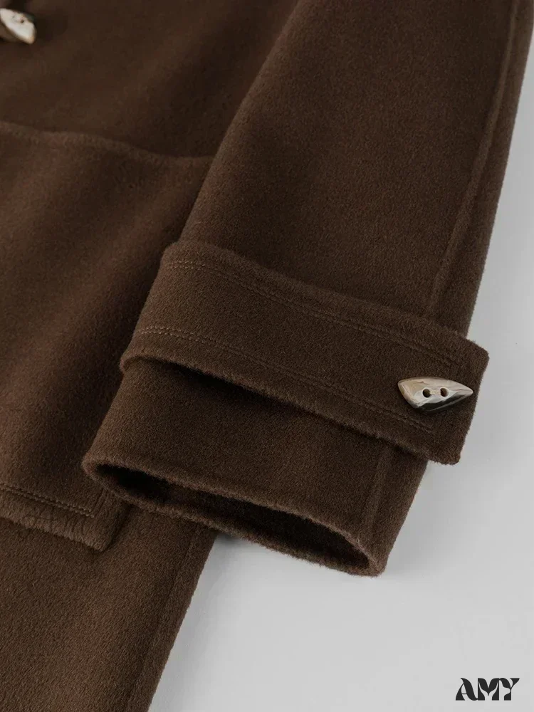 Wool Polo Neck Horn Button Raglan Sleeve Brown Long Office Lady Navy Blue Winter Coat - Image 3