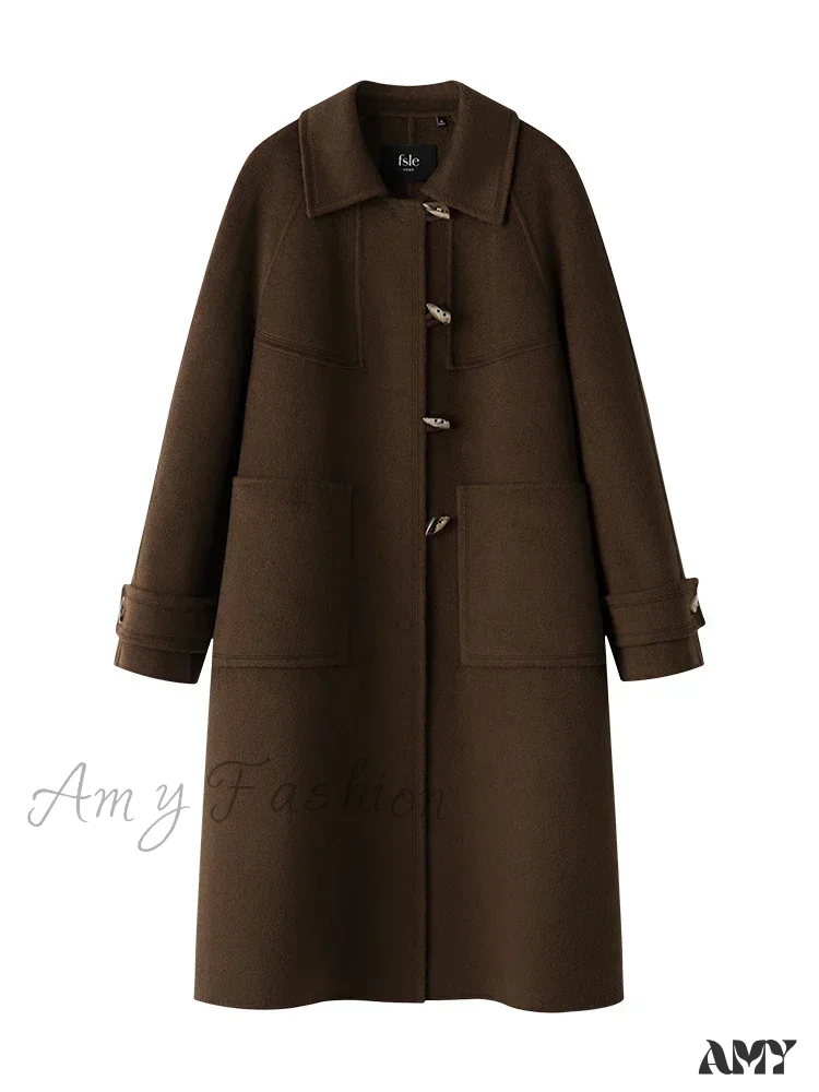 Wool Polo Neck Horn Button Raglan Sleeve Brown Long Office Lady Navy Blue Winter Coat - Image 4