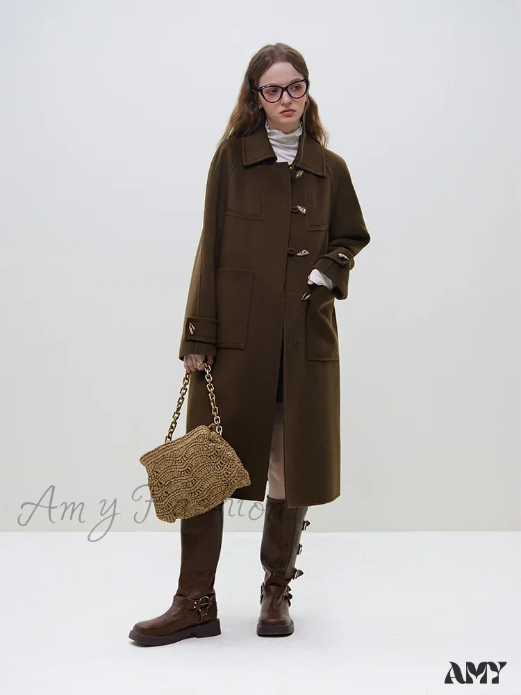 Wool Polo Neck Horn Button Raglan Sleeve Brown Long Office Lady Navy Blue Winter Coat - Image 5