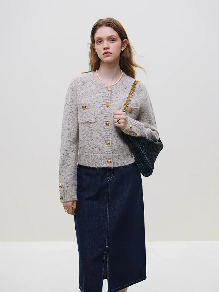 Wool Short Button Round Neck Cardigan - Image 2