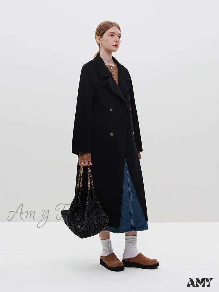 Wool Stand Collar Diagonal Placket Design Double-Breasted Long Dark Green Straight Commuter Black Coat - Image 2