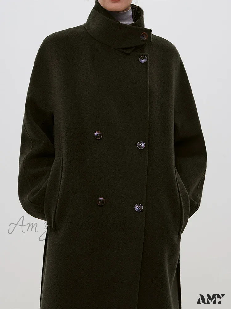 Wool Stand Collar Diagonal Placket Design Double-Breasted Long Dark Green Straight Commuter Black Coat - Image 3