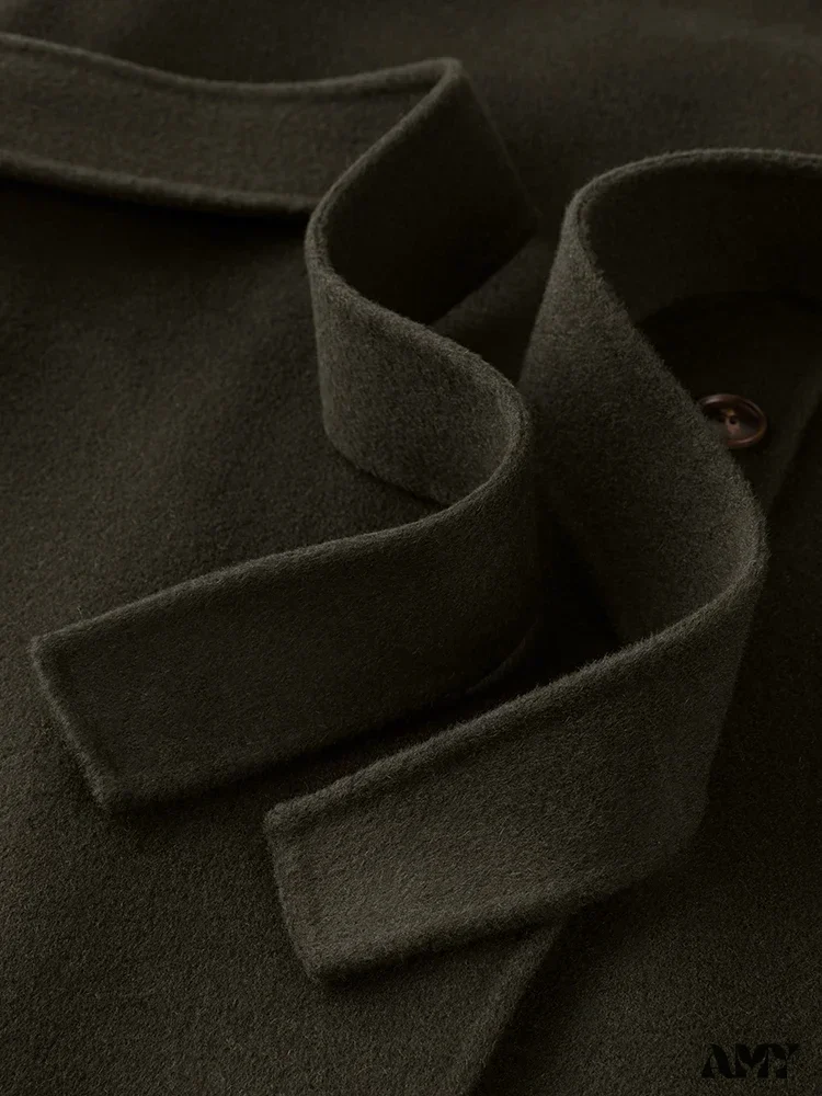 Wool Stand Collar Diagonal Placket Design Double-Breasted Long Dark Green Straight Commuter Black Coat - Image 4