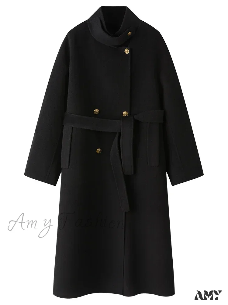 Wool Stand Collar Diagonal Placket Design Double-Breasted Long Dark Green Straight Commuter Black Coat - Image 5