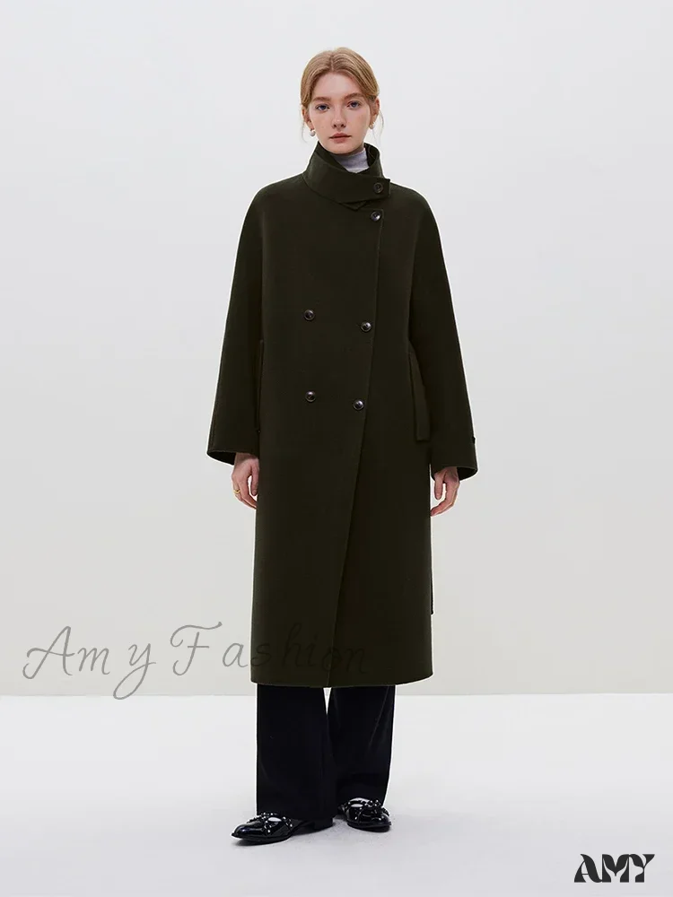 Wool Stand Collar Diagonal Placket Design Double-Breasted Long Dark Green Straight Commuter Black Coat - Image 7