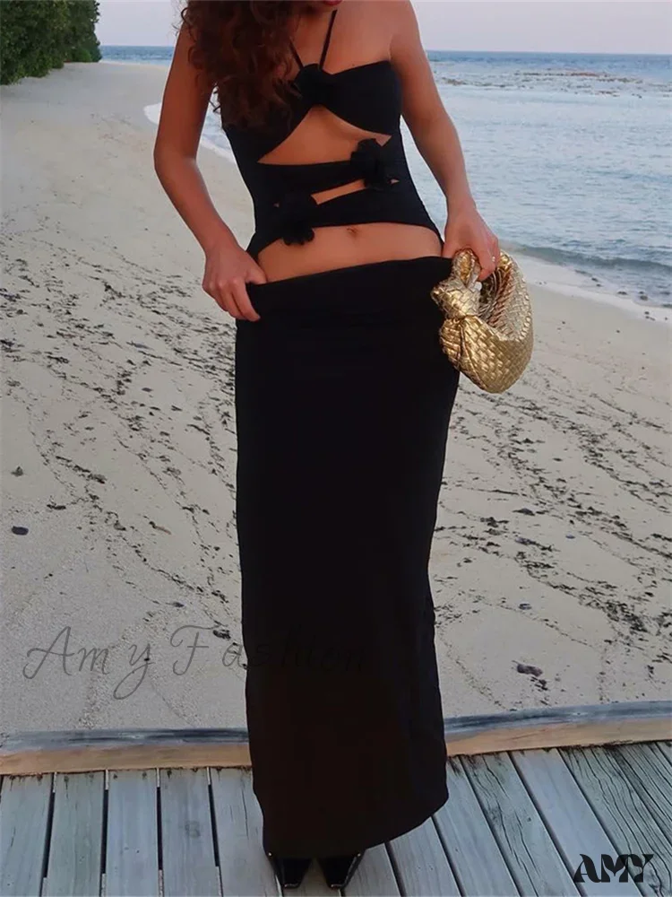 Amy Fashion - Y2K 3D Flowers Fairy  Sexy Hollow Out Slim  Summer Back Split Beach Party Club Outfits Vestidos - Image 2