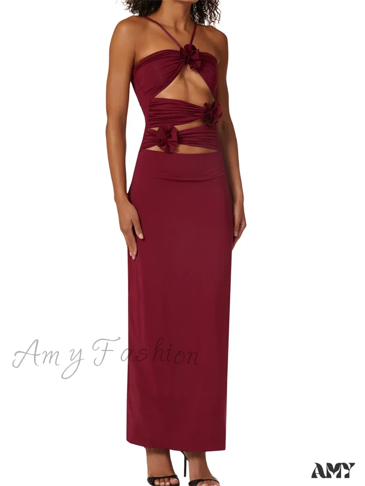 Amy Fashion - Y2K 3D Flowers Fairy  Sexy Hollow Out Slim  Summer Back Split Beach Party Club Outfits Vestidos - Image 4
