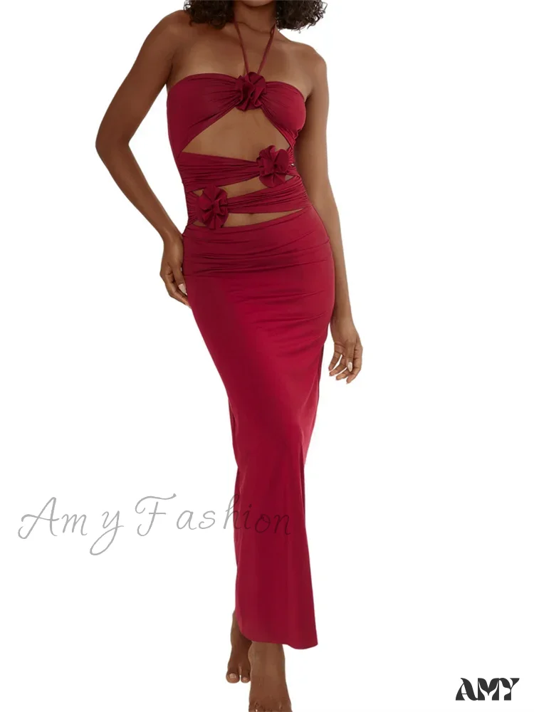 Amy Fashion - Y2K 3D Flowers Fairy  Sexy Hollow Out Slim  Summer Back Split Beach Party Club Outfits Vestidos - Image 5