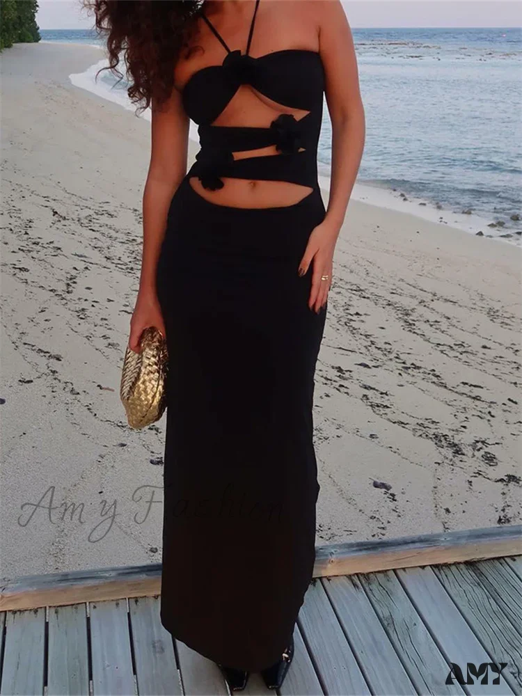 Amy Fashion - Y2K 3D Flowers Fairy  Sexy Hollow Out Slim  Summer Back Split Beach Party Club Outfits Vestidos - Image 7