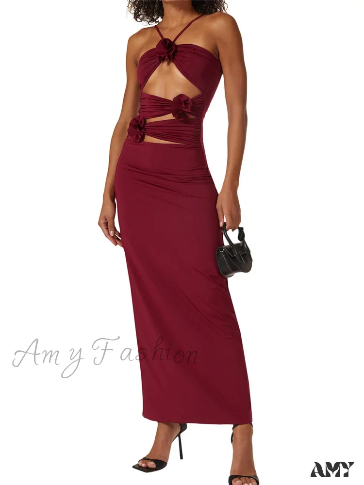 Amy Fashion - Y2K 3D Flowers Fairy  Sexy Hollow Out Slim  Summer Back Split Beach Party Club Outfits Vestidos - Image 8