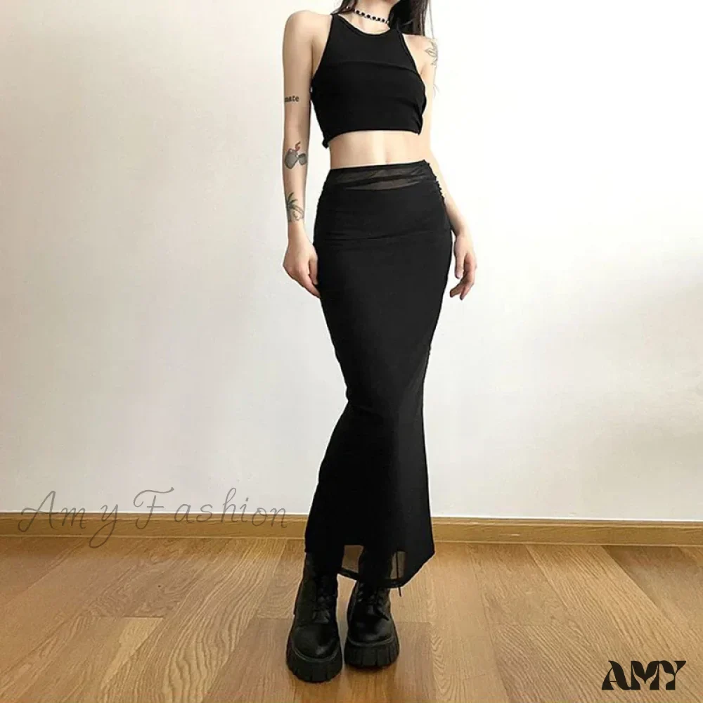 Y2K Black Long Harajuku Sexy Mesh Patchwork Wrap Summer Gothic Korean High Waist Slim A-Line Skirt - Image 2