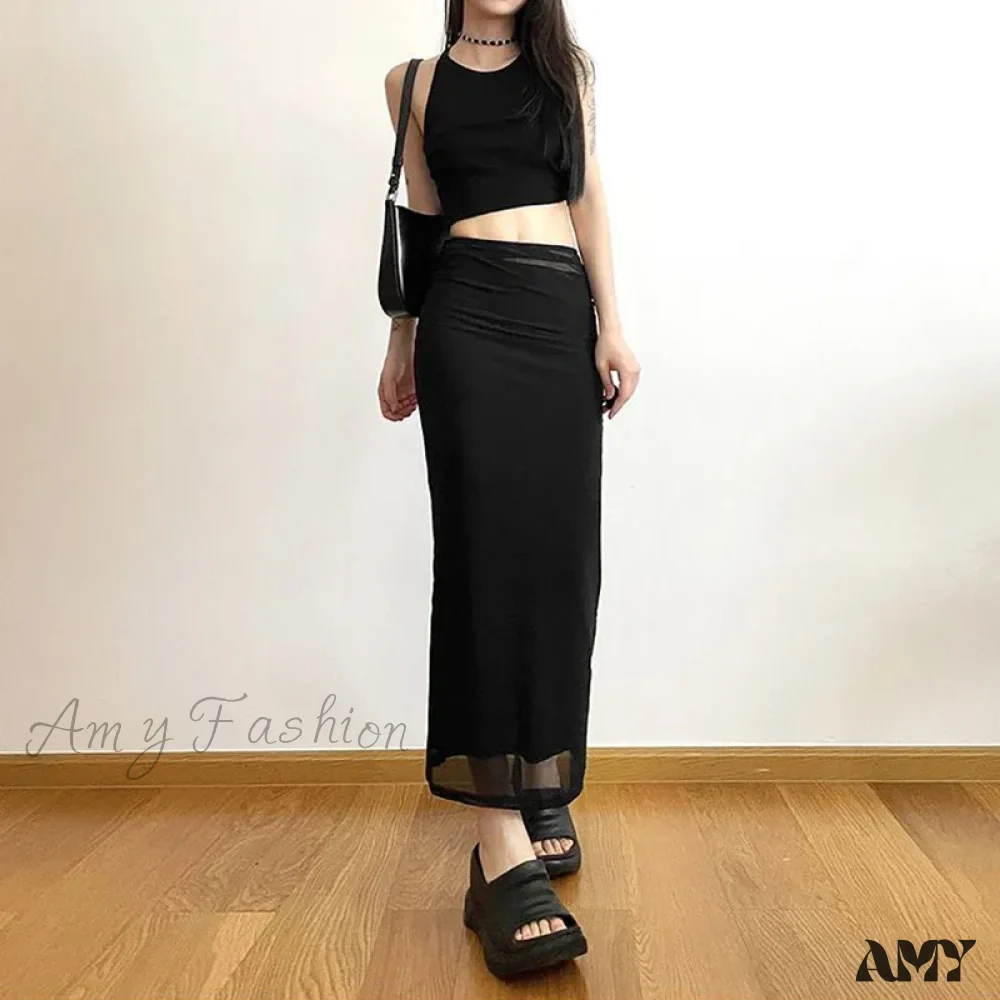 Y2K Black Long Harajuku Sexy Mesh Patchwork Wrap Summer Gothic Korean High Waist Slim A-Line Skirt - Image 3