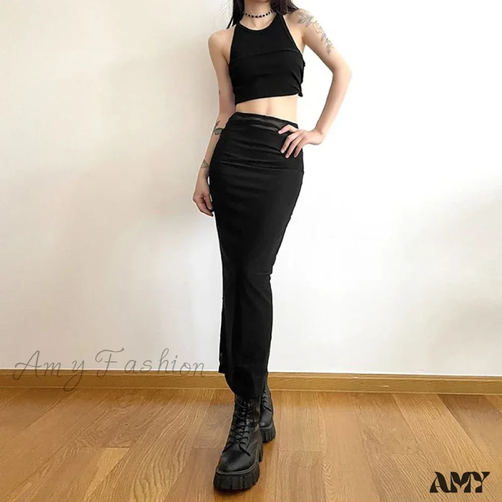 Y2K Black Long Harajuku Sexy Mesh Patchwork Wrap Summer Gothic Korean High Waist Slim A-Line Skirt - Image 4
