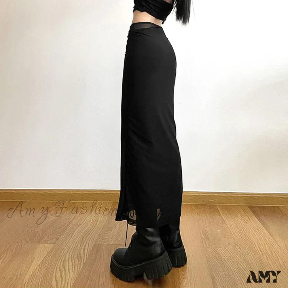 Y2K Black Long Harajuku Sexy Mesh Patchwork Wrap Summer Gothic Korean High Waist Slim A-Line Skirt - Image 5