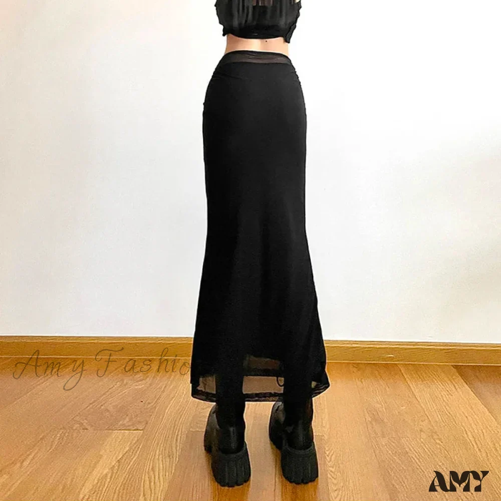 Y2K Black Long Harajuku Sexy Mesh Patchwork Wrap Summer Gothic Korean High Waist Slim A-Line Skirt - Image 6