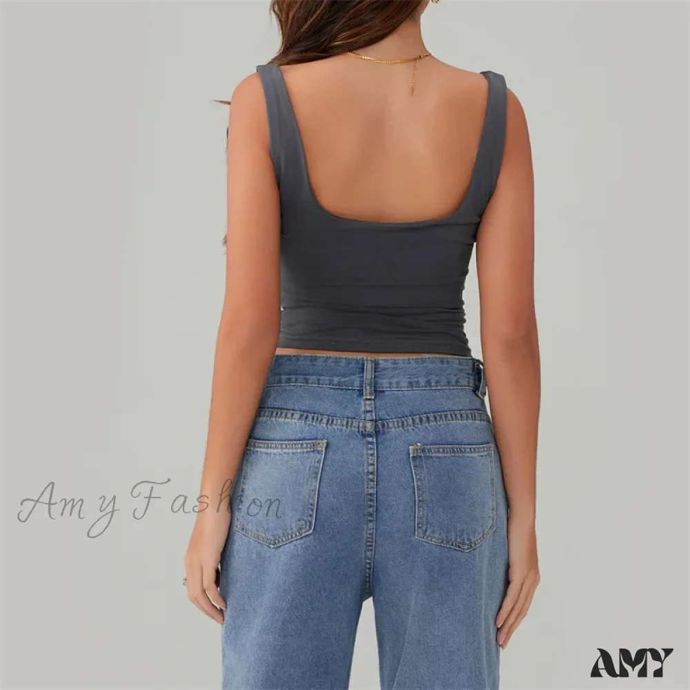 Y2k Casual Solid Color Square Collar Sleeveless Basic Streetwear Crop Top - Image 2