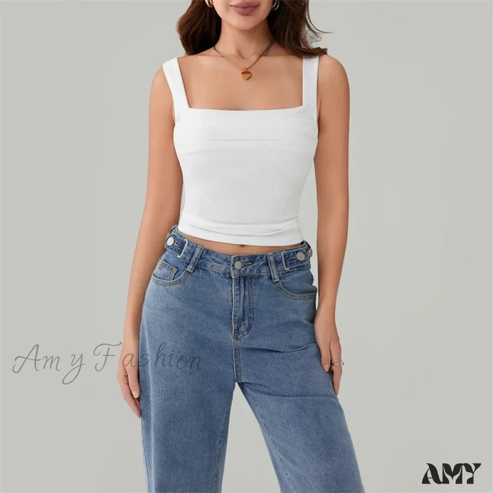 Y2k Casual Solid Color Square Collar Sleeveless Basic Streetwear Crop Top - Image 3