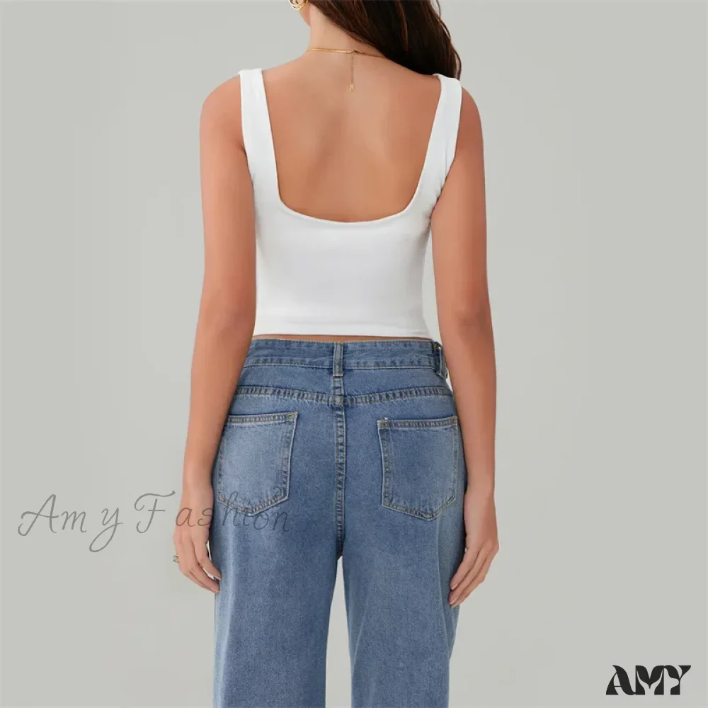 Y2k Casual Solid Color Square Collar Sleeveless Basic Streetwear Crop Top - Image 4