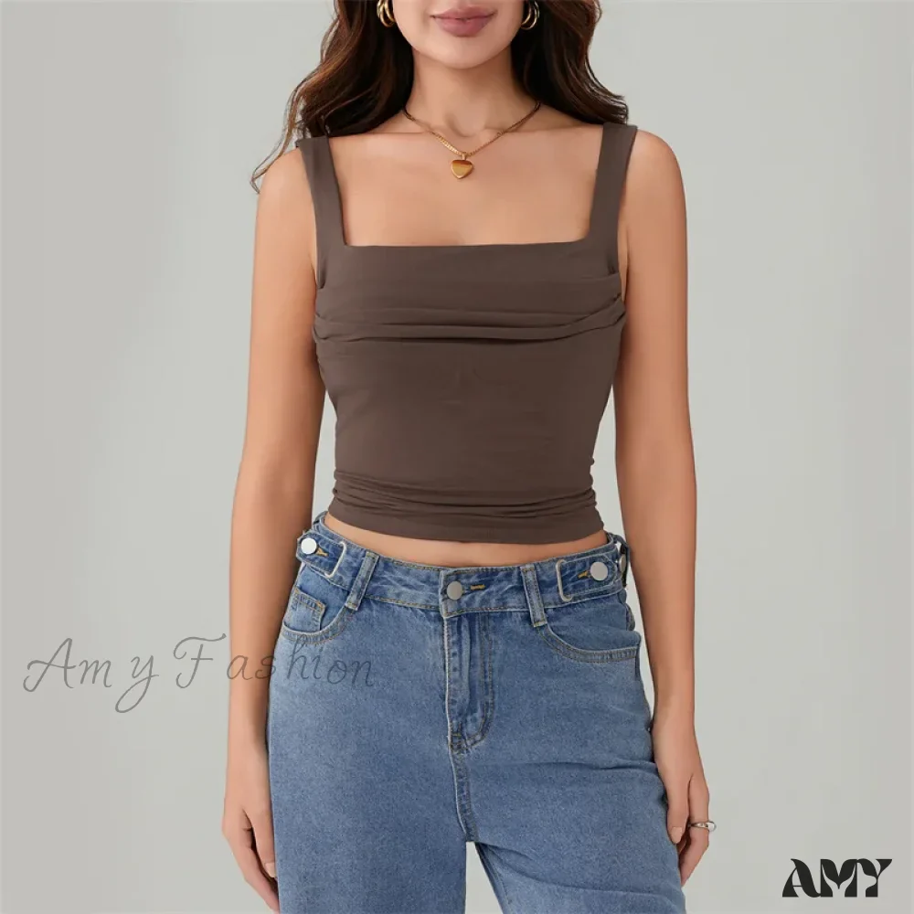 Y2k Casual Solid Color Square Collar Sleeveless Basic Streetwear Crop Top - Image 5