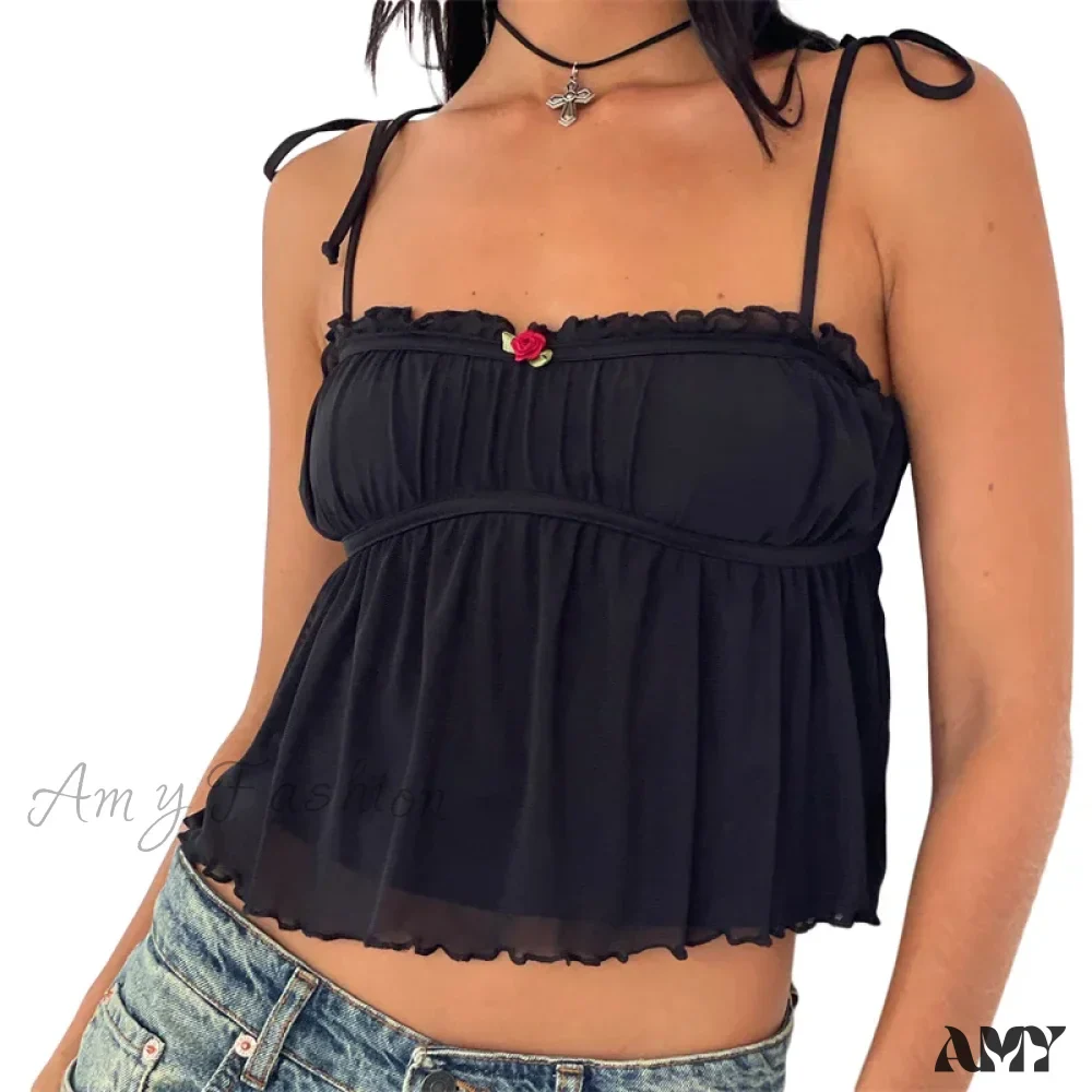 Y2k Flower Bow Spaghetti Strap Sleeveless Pleated Party Clubwear Crop Top - Image 7