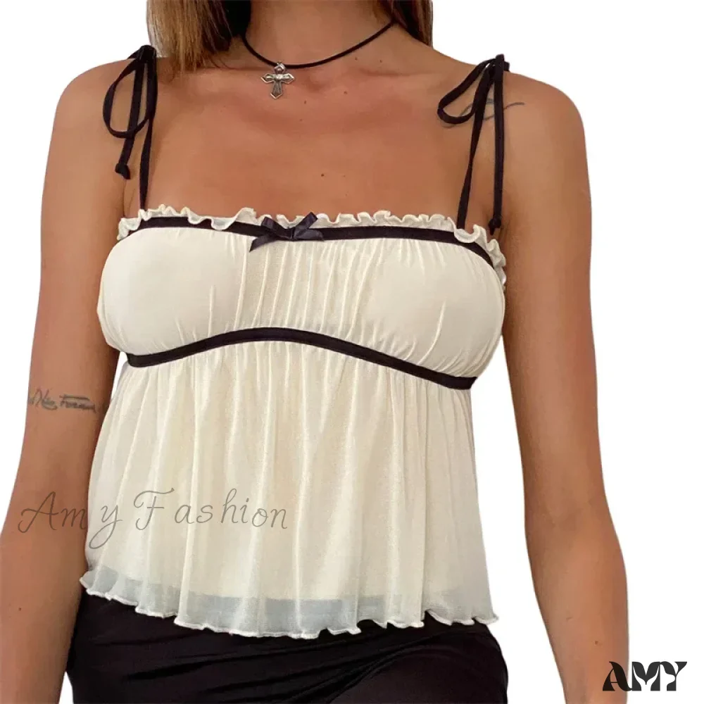 Y2k Flower Bow Spaghetti Strap Sleeveless Pleated Party Clubwear Crop Top - Image 8