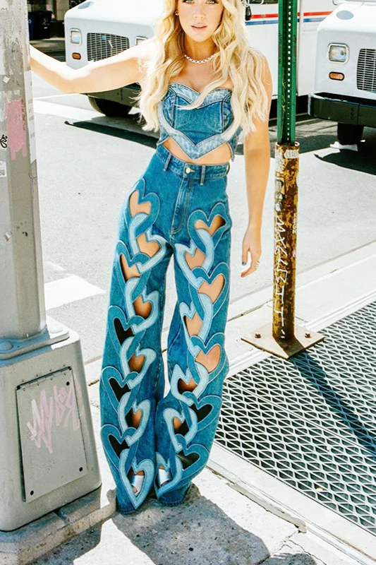 Y2K Heart Print Hollow-Out High-Waist Fashion Jeans - Image 2