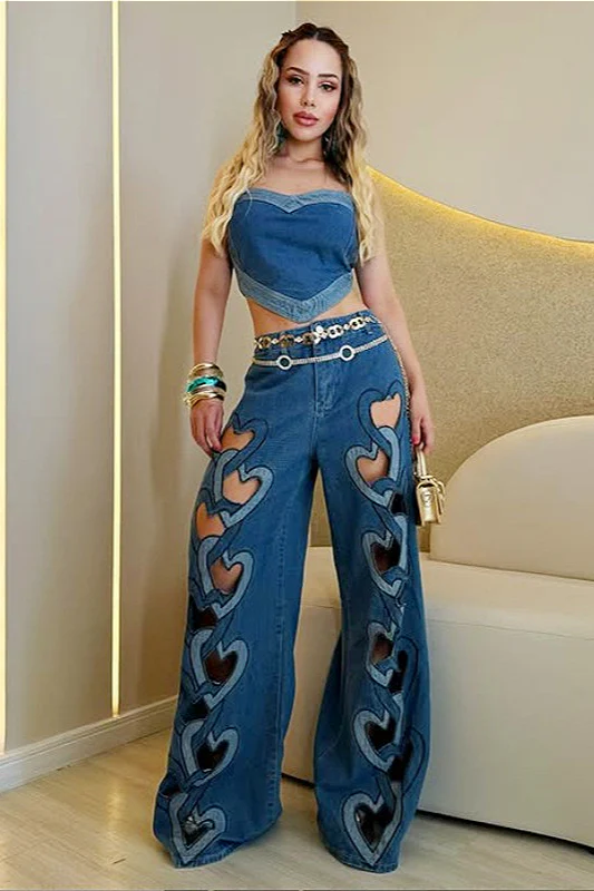 Y2K Heart Print Hollow-Out High-Waist Fashion Jeans - Image 3