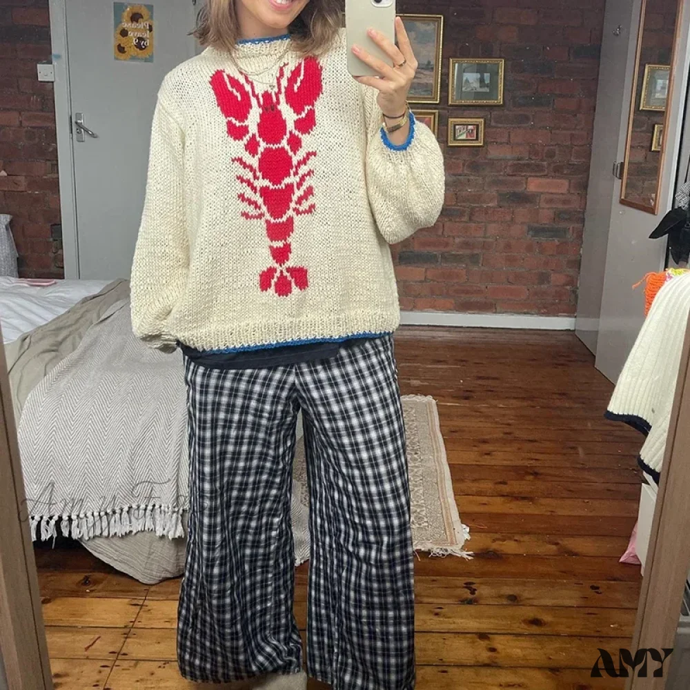 Y2K Knitted Pullovers 90s Vintage Grunge Preppy Style Lobster Pattern Autumn Winter Long Sleeve Cozy Sweater - Image 2