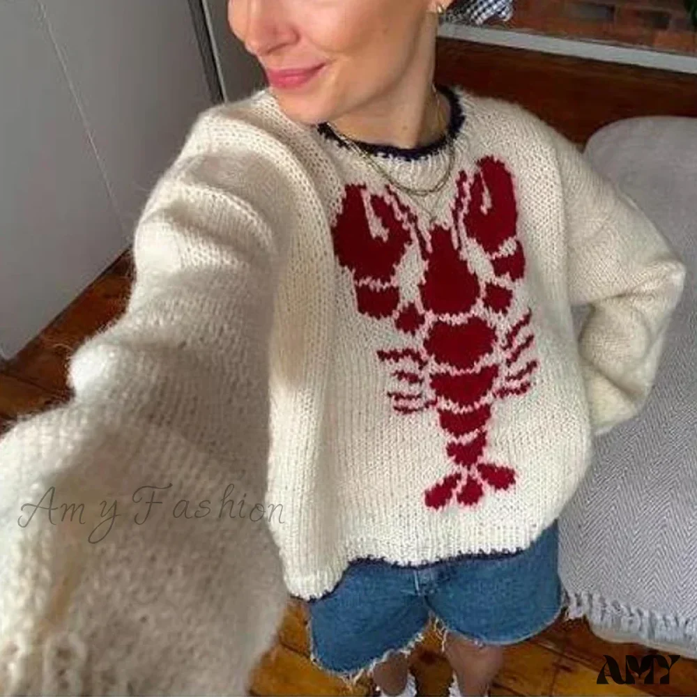Y2K Knitted Pullovers 90s Vintage Grunge Preppy Style Lobster Pattern Autumn Winter Long Sleeve Cozy Sweater - Image 5
